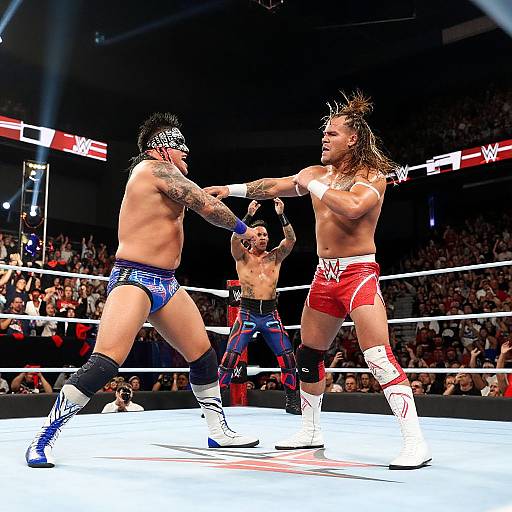 Photograph of a wrestling match: two muscular men in trunks (blue and red) grapple in the ring, surrounded by cheering crowd.