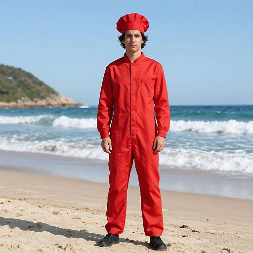 Young Man in Red Chef Onesie on Beach