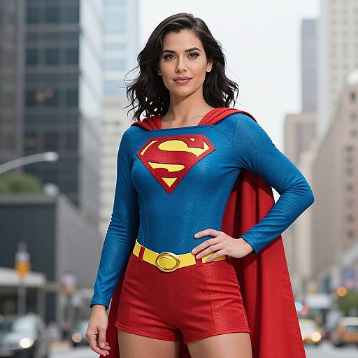 Photograph of a brunette woman in a blue Superman costume with red shorts, yellow belt, and red cape, standing confidently in a cityscape background.