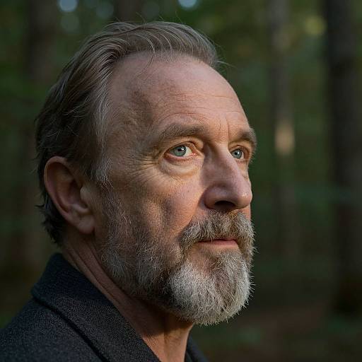 Photograph of a middle-aged man with gray beard and hair, blue eyes, wearing a dark jacket, looking thoughtfully into the distance in a forest