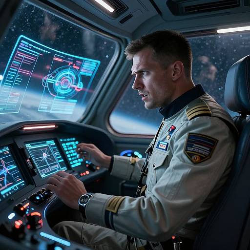 Photograph of a focused male astronaut in a white space suit, flying a high-tech spaceship cockpit with glowing blue holographic displays.