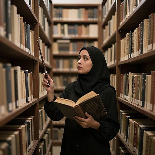 Photograph of a young woman with a black hijab, holding a book and quill, standing between tall library shelves.