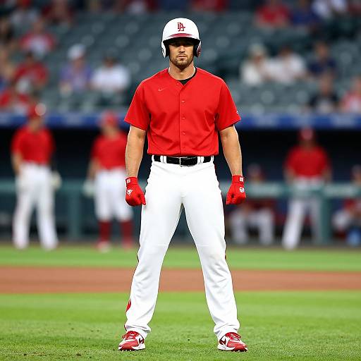 Photograph of a male baseball player in red jersey, white pants, red gloves, and white helmet standing on green field. Blurred stadium background with