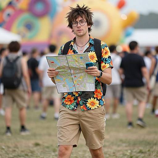 Photograph of a young man with spiky brown hair, glasses, wearing a floral shirt, beige shorts, and a backpack, holding a map in