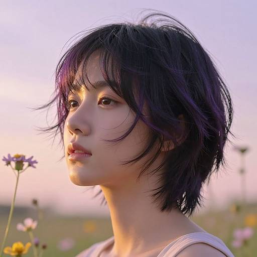 Photograph of an Asian woman with short, messy black hair and purple highlights, wearing a white tank top, standing in a field of colorful wildflowers