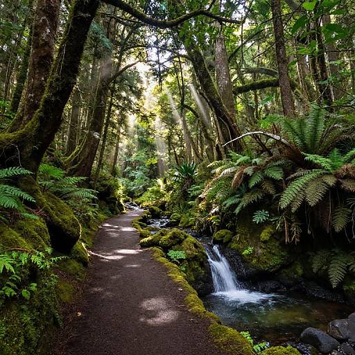 Photograph of a lush, sunlit forest path with moss-covered rocks, ferns, and a small waterfall flowing beside the trail.