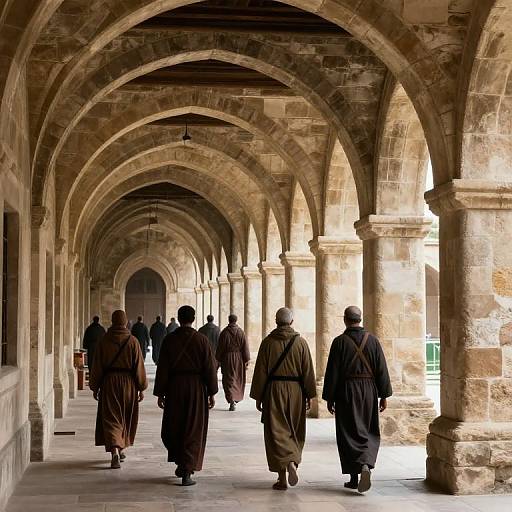 Pilgrims Walking Through Ancient Stone Arches