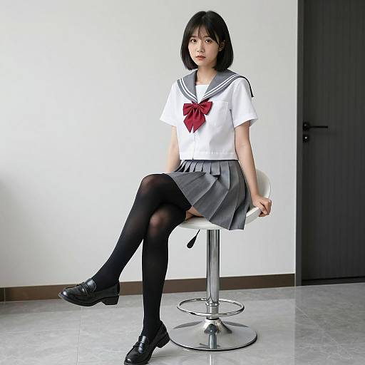 Asian Woman in Sailor School Uniform Sitting on Bar Stool