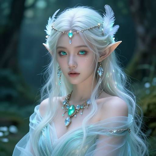 Digital fantasy artwork of an ethereal elf woman with long, flowing white hair, pointed ears, turquoise eyes, and glowing blue jewelry in a mystical forest