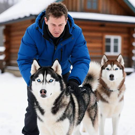 Man with Huskies by Snowy Cabin