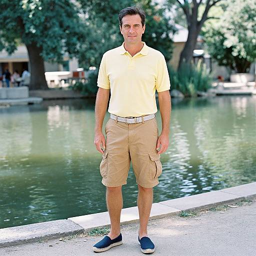 Man by Pond in Pastel Attire