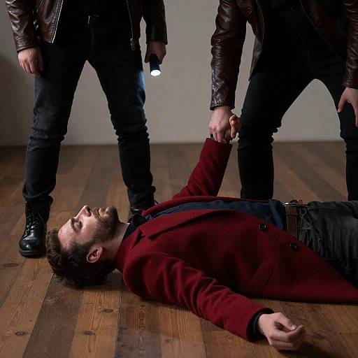 Bloodied Man on Floor, Two Men Standing