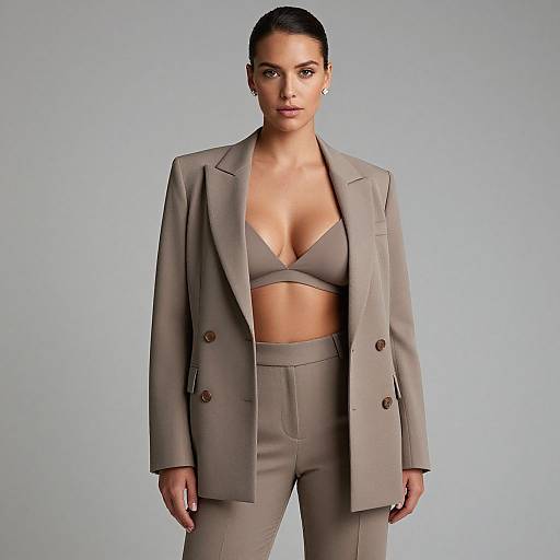 Photograph of a confident woman with dark hair in a slicked-back style, wearing a beige double-breasted blazer over a revealing beige bralette