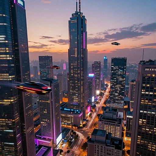 Photograph of a bustling cityscape at dusk with towering skyscrapers, neon lights, blurred car lights on the street, and a vibrant orange-p