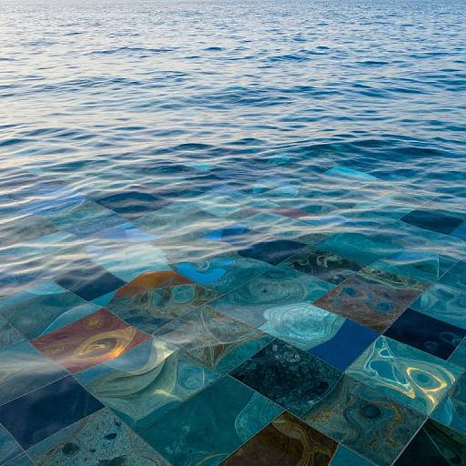 Photograph of rippling water reflecting colorful, abstract-patterned tiles in blue, teal, and orange hues, creating a mesmerizing underwater effect.