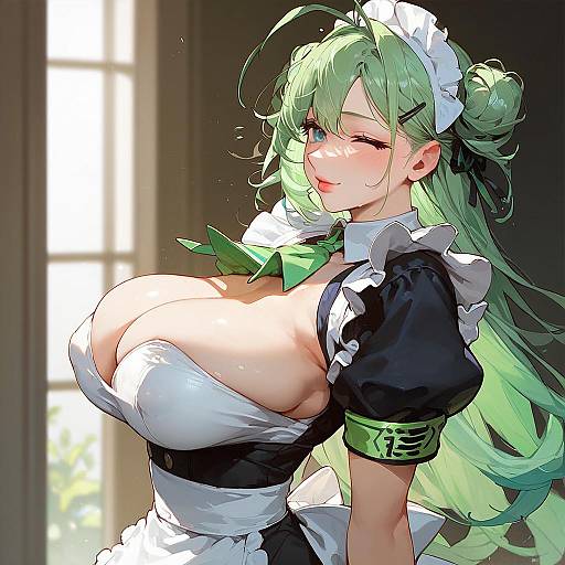 Anime-style digital illustration of a green-haired maid with large breasts, winking, wearing a black and white maid outfit with green accents. Sunlight filters