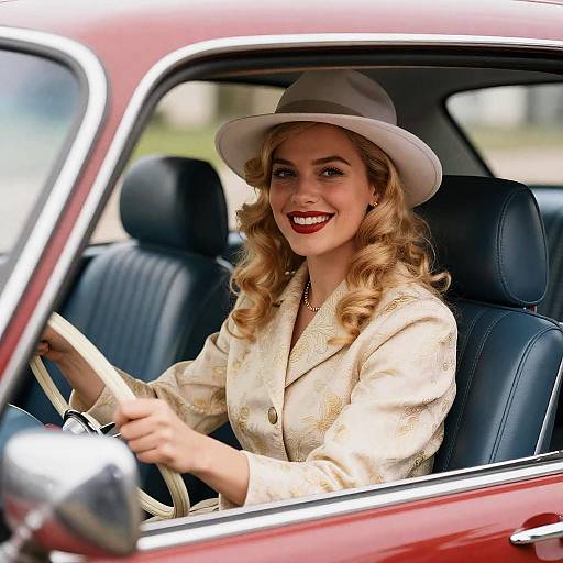 Charming Woman in Classic Car Photograph