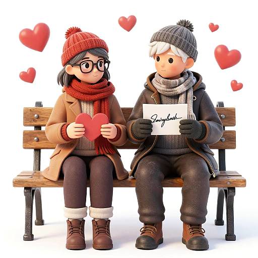 Winter Valentine Couple on Bench