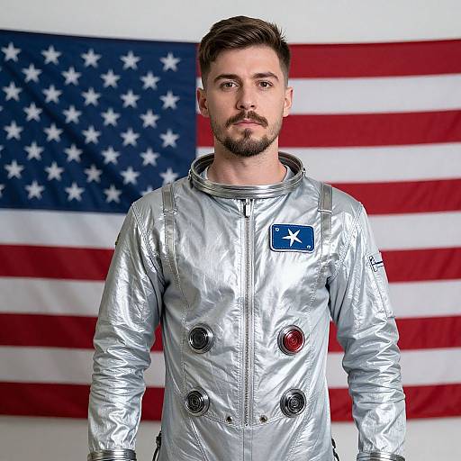 Photograph of a bearded man with short brown hair, wearing a silver, reflective spacesuit with circular buttons, standing in front of an American flag