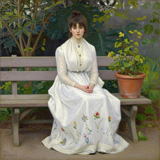 Digital painting of a fair-skinned woman with dark hair in a white, long-sleeved floral dress sitting on a wooden bench, with a p