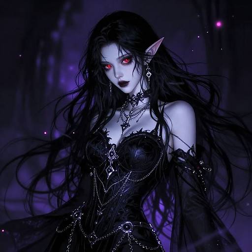 Digital painting of a pale, red-eyed, black-haired elf woman with pointed ears, wearing a black, gothic lace corset adorned with chains and