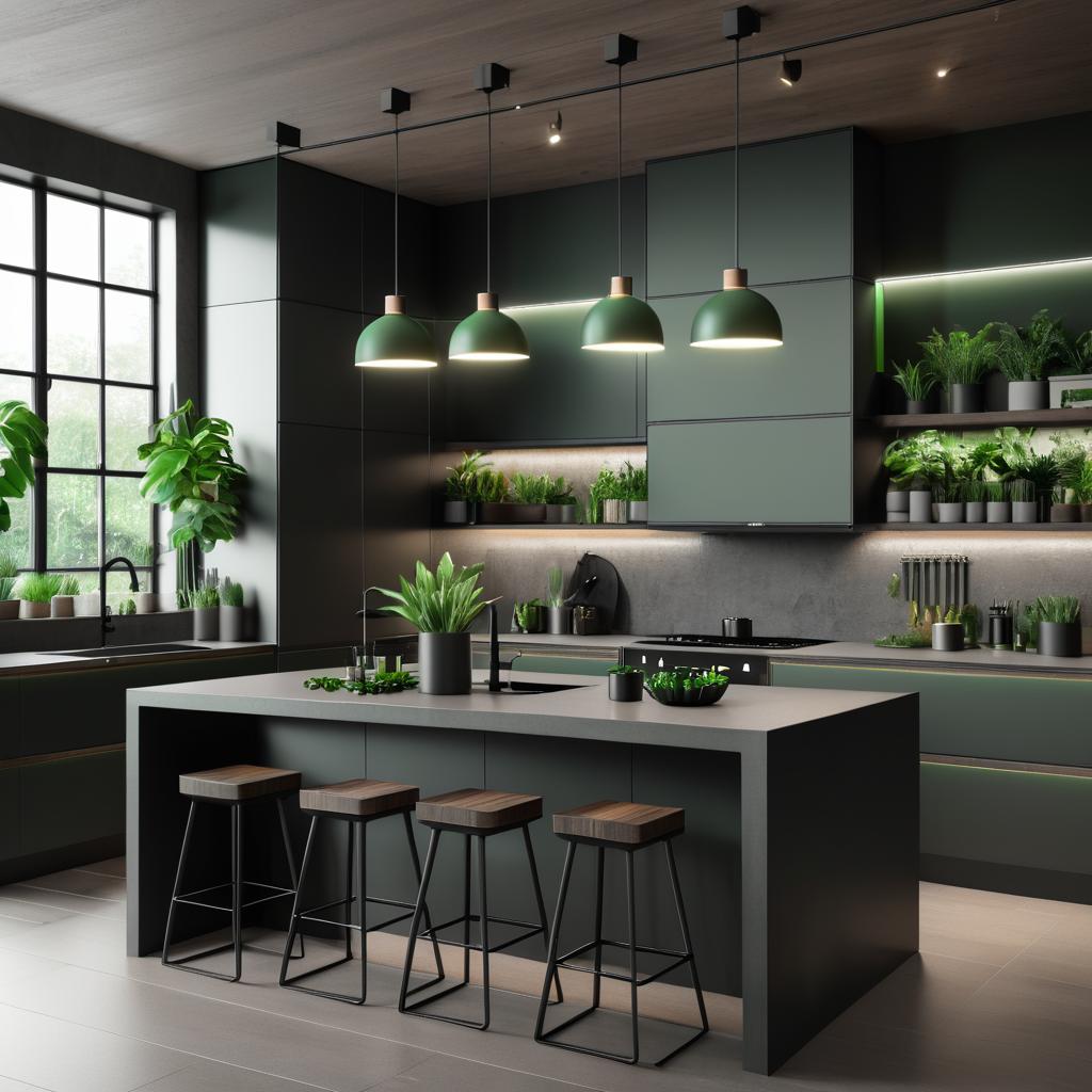 Stylish Industrial Kitchen with Green Accents