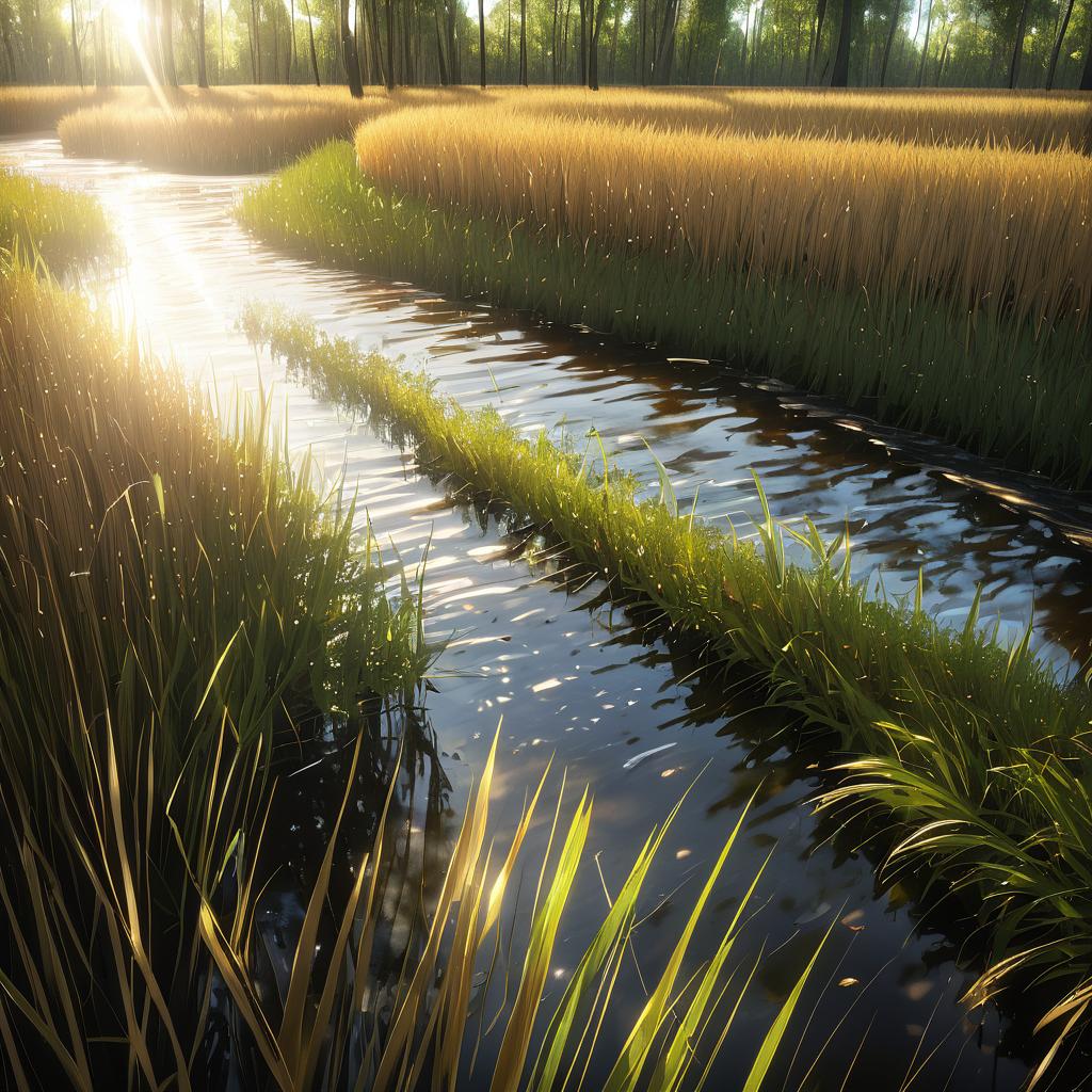 Photorealistic Reed Bog with Flowing Stream