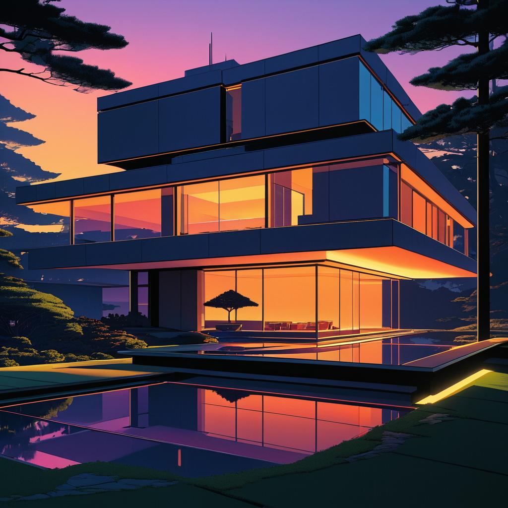 Luxurious Brutalist House at Sunset