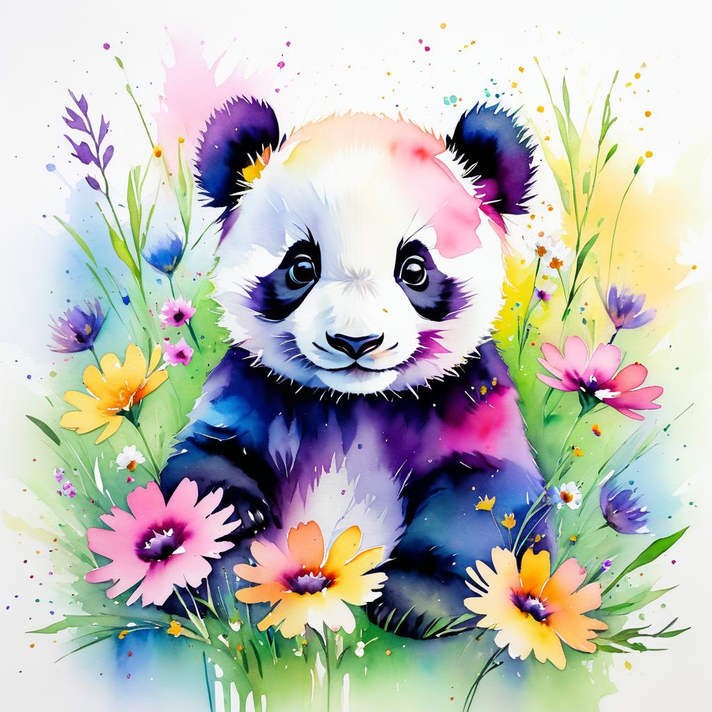 Vibrant Baby Panda with Wildflowers