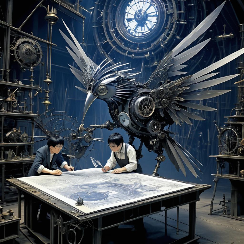 Mechanical Bird and Inventor in Workshop