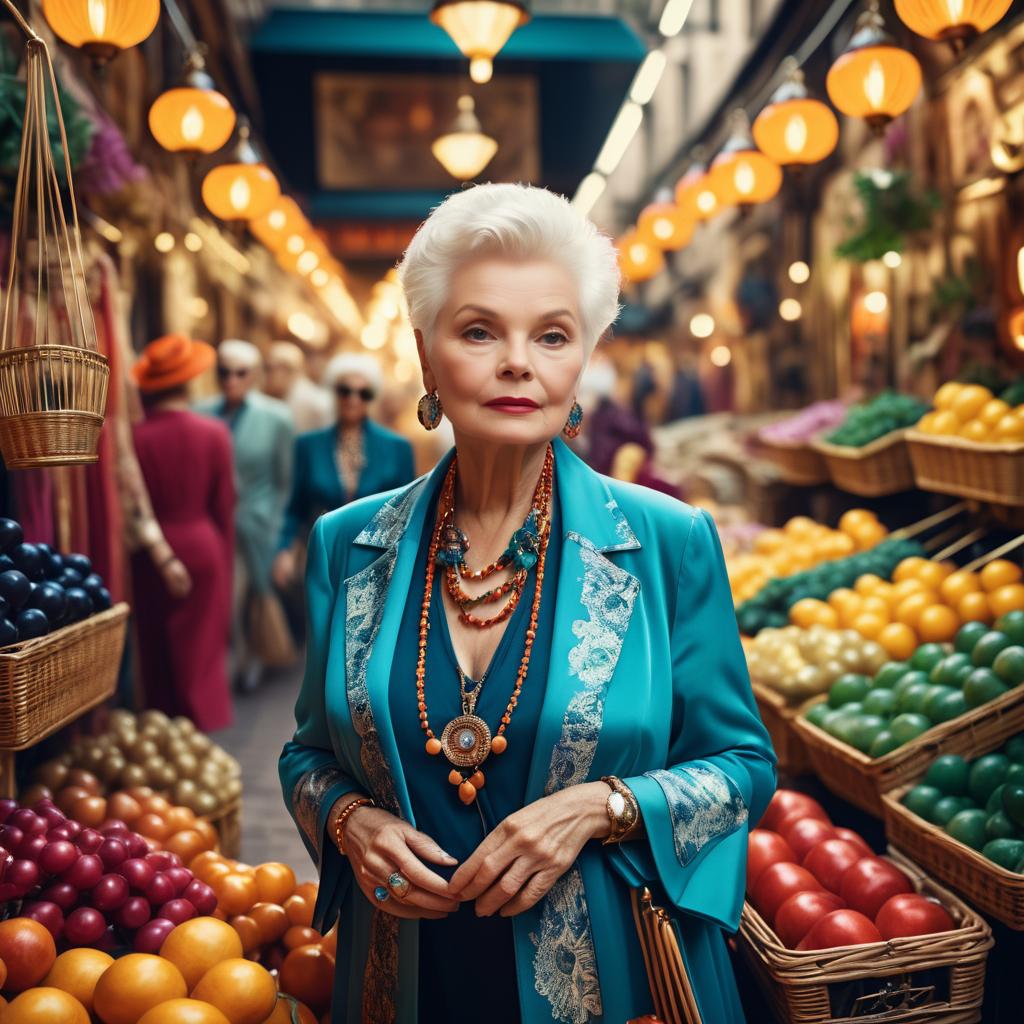 Vibrant Market Scene with Stylish Elderly Woman