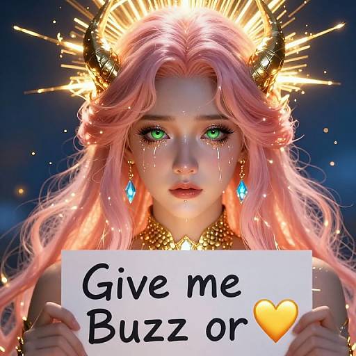 Digital artwork of a pink-haired demon woman with glowing green eyes, golden horns, and radiant crown, holding a sign reading 