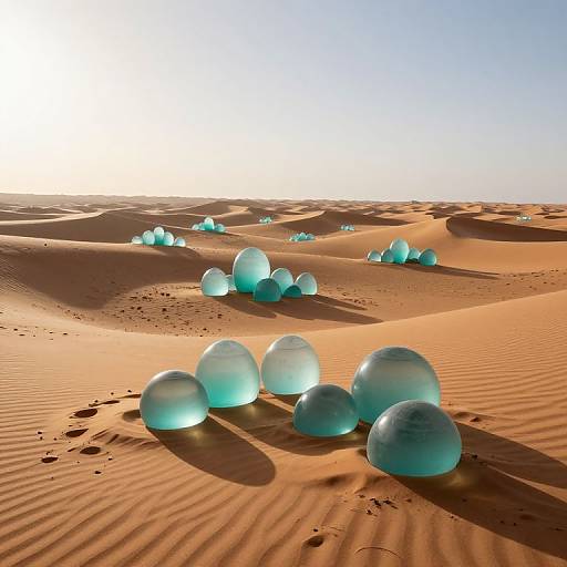 Photograph of glowing, translucent blue eggs scattered across a sunlit, rippled desert landscape with orange sand dunes under a clear blue sky.