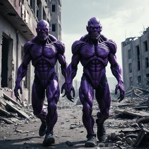 Two Muscular Purple Alien Creatures in Ruined City