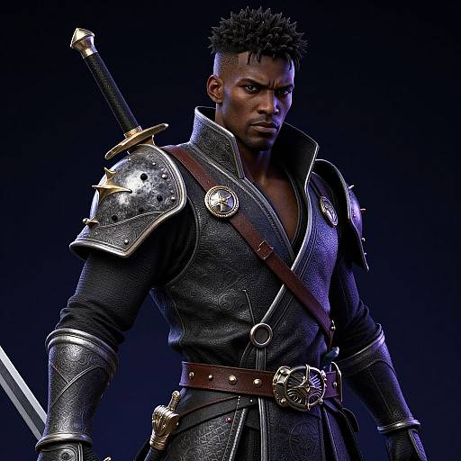 CGI image of a muscular, dark-skinned man with short, curly hair, wearing armored black clothing with a sword on his back, against a