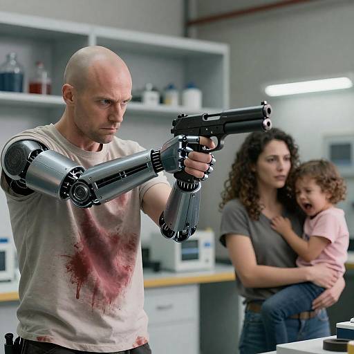 Bald Man with Cybernetic Arm in Showdown