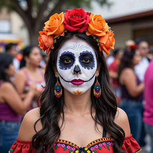 Photograph of a woman with a sugar skull face paint, adorned with orange and red flowers, wearing a red floral dress, and colorful earrings, in