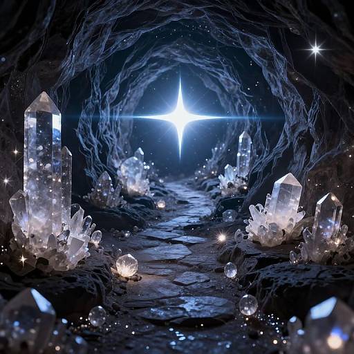 Photograph of a mystical crystal cave with glowing crystals, a bright central star, and ethereal blue light, surrounded by sparkles and dark, textured