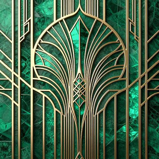 Art Deco-style digital illustration featuring intricate golden arches and lines on a teal, textured background with abstract patterns.