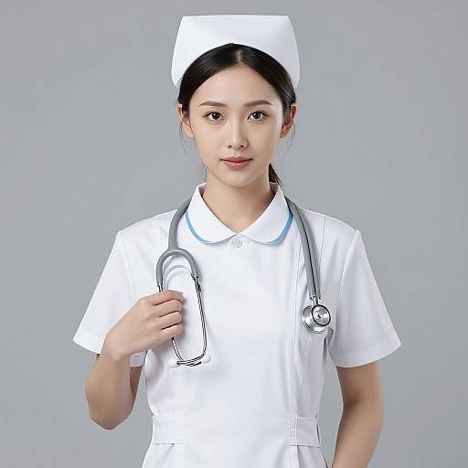 Photograph of an Asian female nurse with black hair, wearing a white uniform, cap, and stethoscope, against a plain gray background.