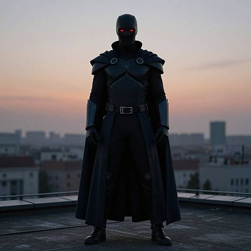 Silhouetted figure in dark, armored cloak with glowing red eyes stands on rooftop at sunset, cityscape in background. Digital art.