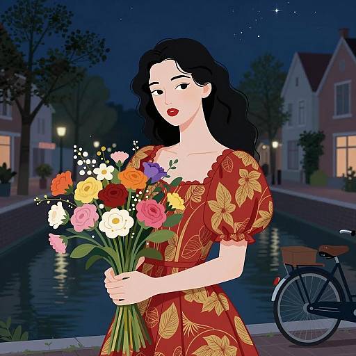 Woman Holding Colorful Flower Bouquet by Night Canal