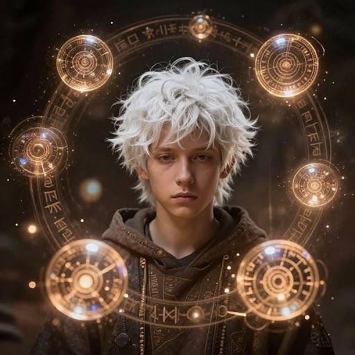 Photograph of a young boy with white, tousled hair wearing a dark hooded jacket, surrounded by glowing, circular, golden astrological symbols against
