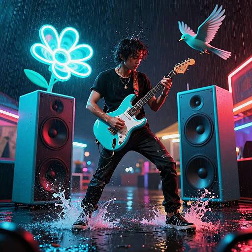 Dystopian Neon Market Guitarist