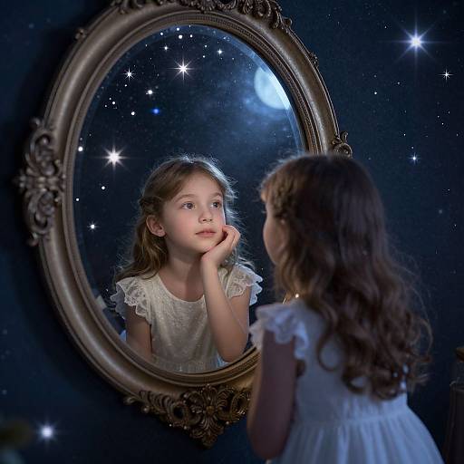 Photograph of a young girl with long brown hair, wearing a white lace dress, gazing thoughtfully at her reflection in an ornate, oval