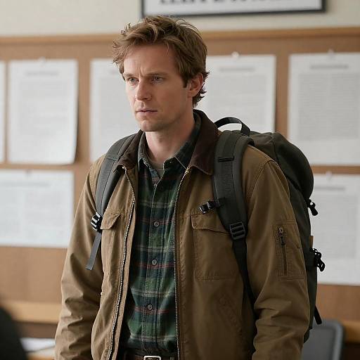 Focused Man with Backpack in Rustic Setting