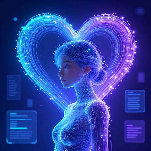 Digital artwork of a glowing blue and purple neon heart-shaped light behind a cybernetic woman with holographic, wireframe body, set against a dark