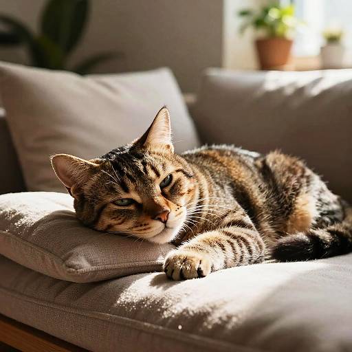 Photograph of a relaxed, striped tabby cat sleeping on a sunlit gray couch, with soft shadows and a blurred potted plant in the background