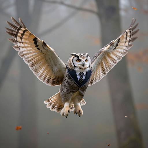 Photograph of a Great Grey Owl with wide wingspan, brown and white feathers, flying mid-air in a misty, autumn forest.