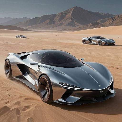 Photorealistic CGI of sleek, black, futuristic sports cars racing through a sunlit, sandy desert with rugged mountains in the background.